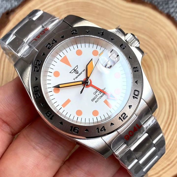 Tandorio NH34 GMT Automatic Watch Men 20bar dive Fixed 24 Hours Bezel 904L Bracelet galss back - Tandorio Watches