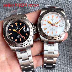 Tandorio NH34 GMT Automatic Watch Men 20bar dive Fixed 24 Hours Bezel 904L Bracelet galss back - Tandorio Watches