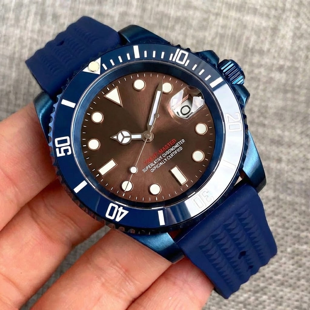 NH35 Blue Coated Watch Case Swim Sunburst Blue Steel Automatic