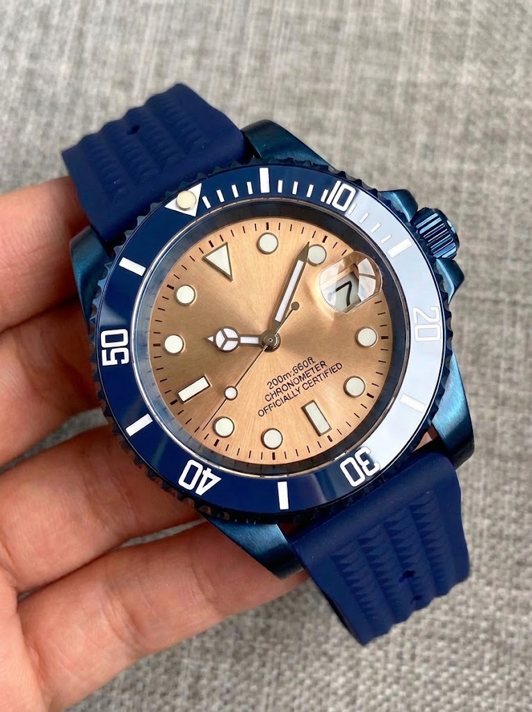 NH35 Blue Coated Watch Case Swim Sunburst Blue Steel Automatic